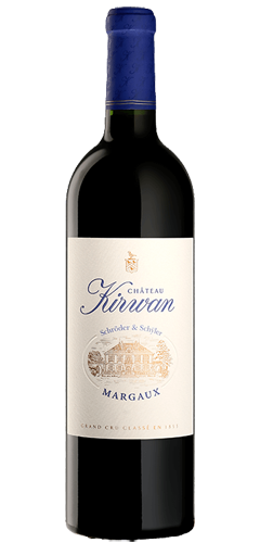 bordeaux shaped bottle with red wine, white label with a picture of the chateau in gold and text in dark blue of chateau Kirwan, Margaux. Available in the wine buff shops in Ireland and online. 
