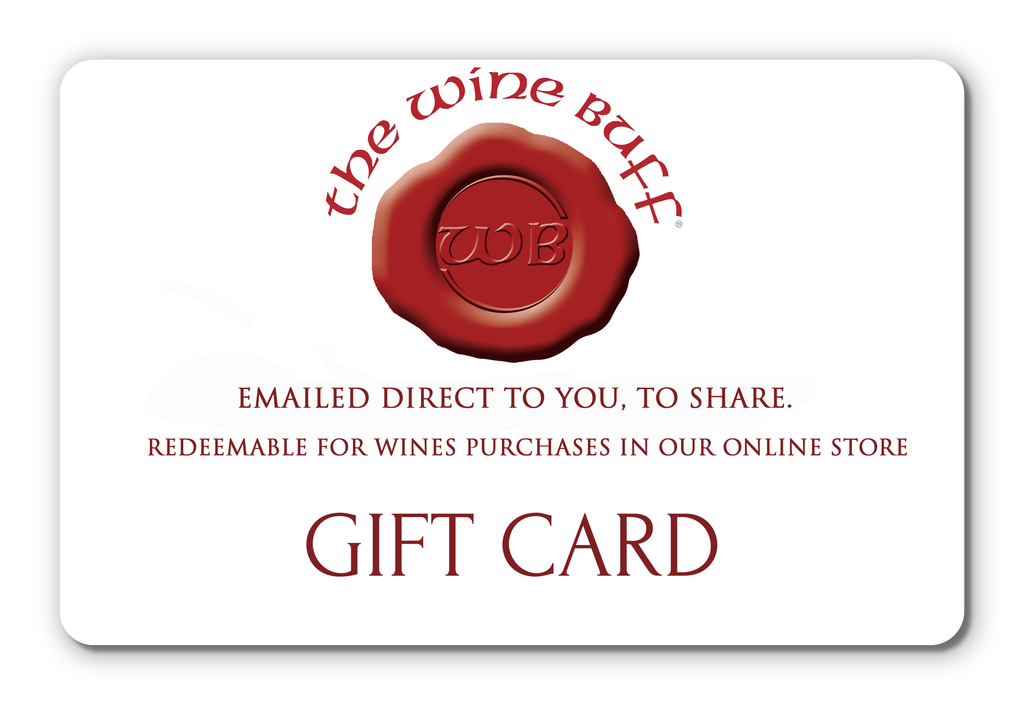 gift card with the wine buff logo in a red wax seal with WB in the centre. ext in red of GIFT CARD