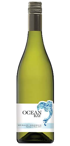burgundy shaped green bottle with a grey screw cap top the label is white with a fish shaped blue crustacean. The text ocean bay, new Zealand, sauvignon blanc, Marlborough. Available in the Wine Buff shops in Ireland.