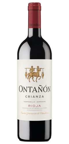 Wine bottle with red wine inside. Red capsule on the top of the bottle with text of Ontanon. White label on the bottle with text of ONTANON CRIANZA RIOJA and a gold picture of a centaur holing a staff with grape bags on either end.