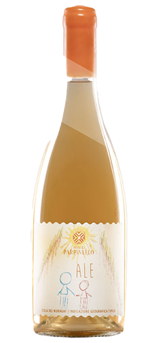 Wine with an orange tint in colour, an orange wax capsule on the top of the bottle. White label with a crayon picture of an adult and child walking through the vineyard.