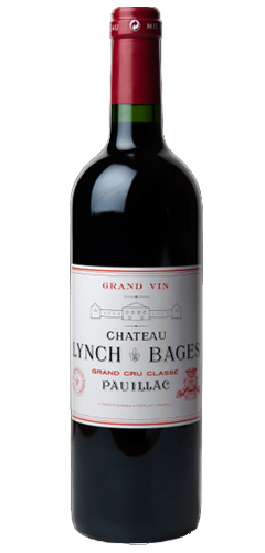 A green bottle with red wine. The label is white with read and black test and a picture of a chateau. The text reads chateau lynch bages grand cru classe pauillac. Available in The Wine Buff shops in Ireland.