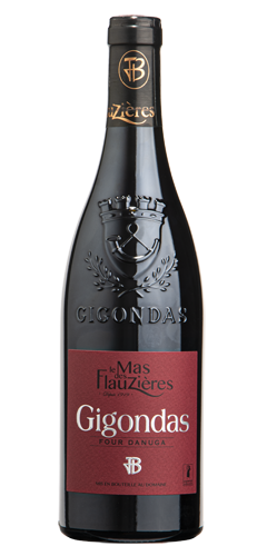 bottle of red wine with the gigondas crest, from the rhone valley in france