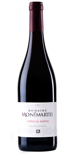 bottle of cote du rhone red wine from the southern rhone valley region in France.