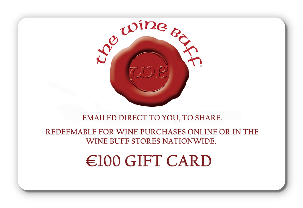gift card with the wine buff logo in a red wax seal with WB in the centre. text of EMAILED DIRECT TO YOU TO SHARE. REDEEMABLE FOR WINE PURCHASES ONLINE OR IN THE WINE BUFF STORES NATIONWIDE. 100 euro GIFT CARD