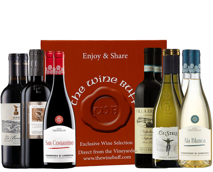 Collection of wine bottles with a 'The Wine Buff' box in the background