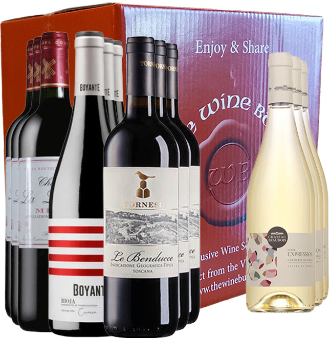 Assorted wine bottles including red and white varieties in front of a Wine Buff branded card box.