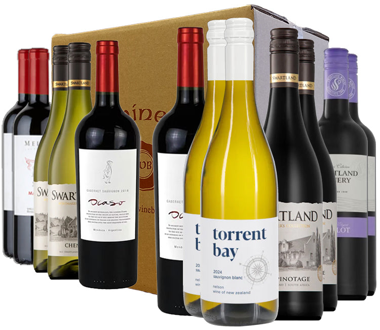 Assorted wine bottles with visible labels in front of a cardboard branded 'The Wine Buff'