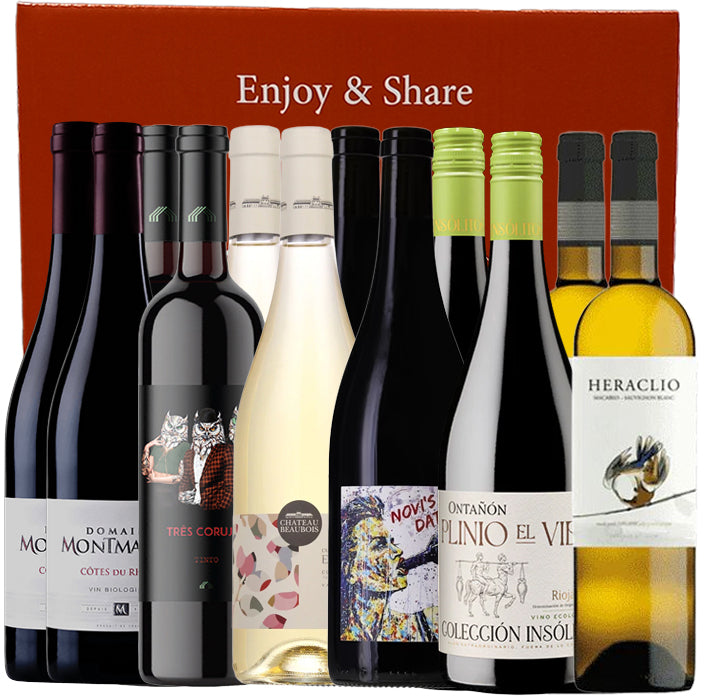 Assorted wine bottles displayed in front of a 'Enjoy & Share' branded Wine Buff box.