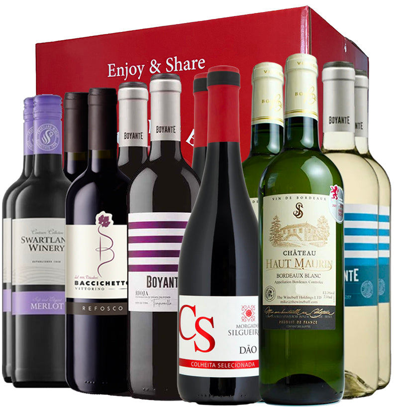 Assorted wine bottles with various labels in front of a 'Enjoy & Share'  Wine Buff branded gift box.