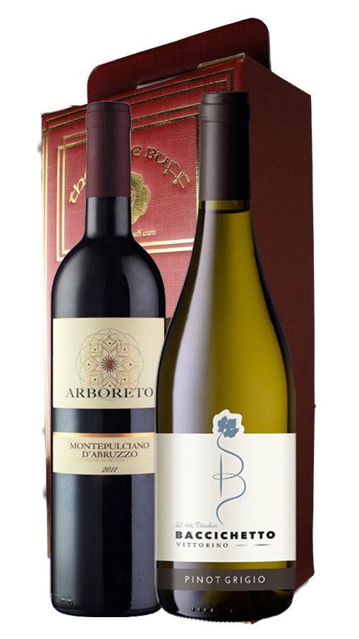 Two bottles of wine, one red and one white, with a wooden box in the background.