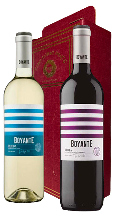 Two bottles of Boyante wine, one white and one red, with a red Wine Buff branded box in the background.