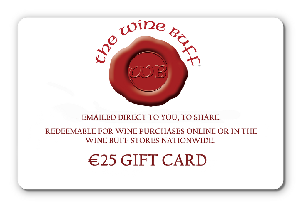 gift card with the wine buff logo in a red wax seal with WB in the centre. text of EMAILED DIRECT TO YOU TO SHARE. REDEEMABLE FOR WINE PURCHASES ONLINE OR IN THE WINE BUFF STORES NATIONWIDE. 25 euro GIFT CARD