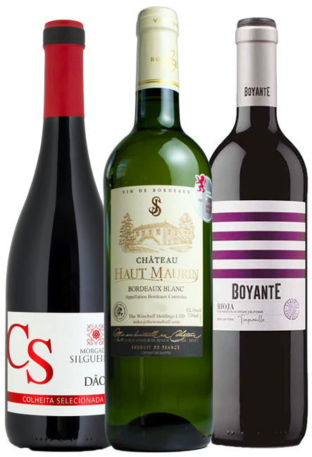 Three wine bottles from Portugal, Spain and France with different labels on a white background