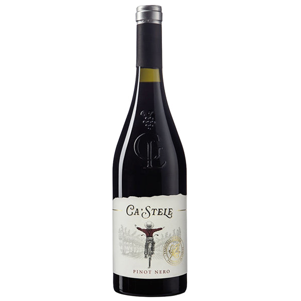 Wine bottle with Ca' Stele label on a white background, with a picture of a boy on a bicycle