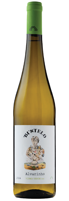Bottle of Busto Alvarinho white wine with a green cap on a white background
