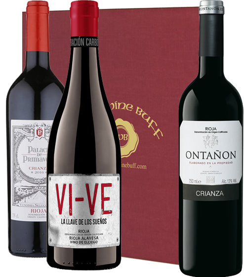 Three rioja red wine bottles in front of a red box with 'winebuff.com' branding.
