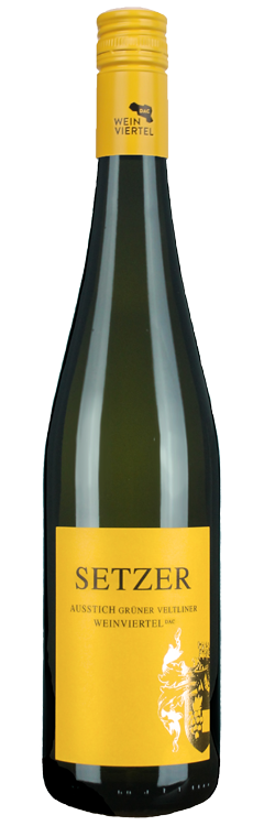 German shaped green bottle with a yellow screw cap and a yellow square label, Text on the screw cap is WEINVIERTEL and on the label SETZER AUSSTICH GRUNER VELTINER WEINVIERTEL DAC. 