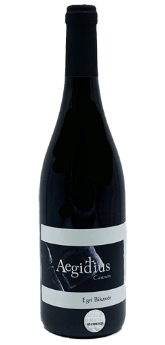 Aegidius Castrum Egri Bikavér 'Bull's Blood'  Burgundy shaped wine bottle with a black foil top and a black and white wine label. From Eger in Hungary. 