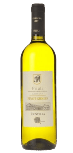 Anselmi Ca Stella Pinot Grigio  White wine bottle made from green glass The label has text of Friuli, LATISANA, PINOT GRIGIO with a small picture of the countryside and a leaf logo from Italy