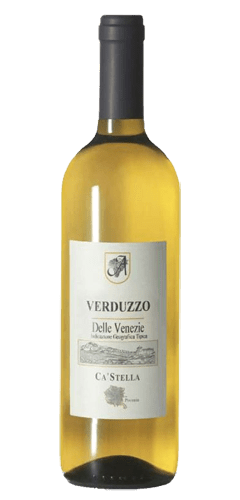 Anselmi Sweet table wine in a clear wine bottle, straw yellow in colour made from the verduzzo grape. White label with text of VEDDUZZO, Delle Venezie on the label with a countryside scene and the name CA'STELLA from Italy