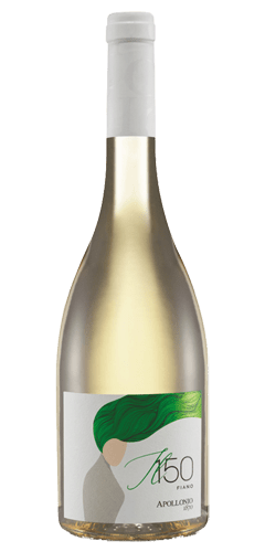 White wine in a clear burgundy shaped bottle. White foil top and a white label and a silhouette of a woman with green hair, text of IL150 FIANO, APOLLONIO. The grapes used are Fiano, from Puglia in Italy