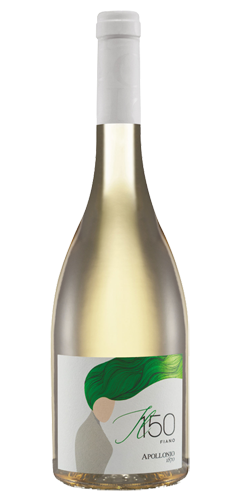 Burgundy shaped bottle with white clear glass, cream foil capsule on the top and neck of the bottle. Straw coloured wine in the bottle. White label with a silhouette of a woman with green hair blowing in the wind, text of IL150 FIANO APOLLONIO