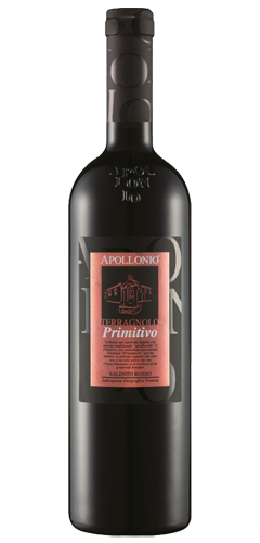 Dark brown wine bottle with red wine inside, Gold label with a black border, and a black square logo with a temple picture, text on the label reads APOLLONIO, TERRAGNOLO, Primitivo Salento Rosso, IGT. The bottle is embossed with Apollonio on the neck. On the back label an image of Italy with Puglia highlighted. Red Wine. Unfiltered wine may contain sediment. Product of Italy. 15.00 % alc/vol. 75cl. Contains sulfites.