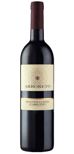 Green wine bottle with red wine inside made from montepulciano grapes, red foil top on the bottle with a cream label, text ARBORETO, MONTEPULCIANO D'ABRUZZO, product of Italy