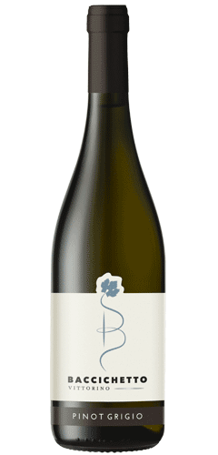 Green wine bottle with white wine made from Pinot Grigio grapes, a white label with a blue flower and the text BACCICHETTO VITTORINO, PINOT GRIGIO. Product of Italy. 12.5% alcohol