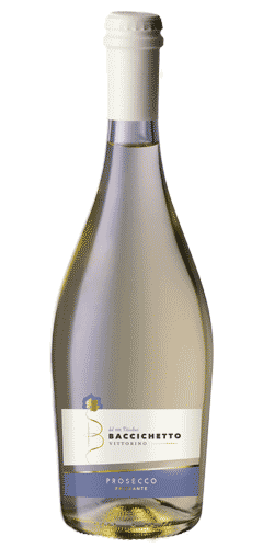 Baccichetto Prosecco Frizzante - The Wine Buff - Tulip shaped bottle, clear glass with prosecco. White and light blue lable with text of BACCICHETTO PROSECCO Frizzante