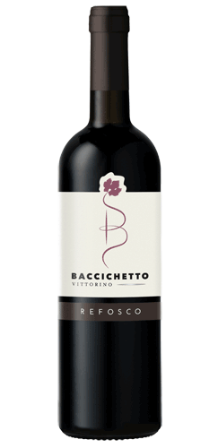 Red wine in a green glass bottle with a white label, pink flower motif with the text BACCICHETTO Vittorino and REFOSCO. The grape used in this wine is Refosco and is made in Italy, 12.5% alcohol