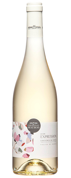 White wine in a burgundy shaped clear wine bottle. White capsule on top of the bottle with a white label with coloured flower petals. Chateau Beaubois in a grey circle. Text of CUVEE EXPRESSION, COSTERIES DE NIMES, VALLE DE RHONE. Product of France