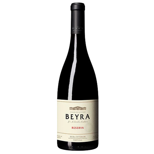 Wine bottle with 'Beyra' label on a white background, with red wine in the bottle.