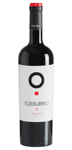Brown wine bottle with red wine made from monastrell grapes, a black foil top with a white label with a large O and a red square and the text EQUILIBRIO 4 Monastrell. Made in Jumilla in Spain.