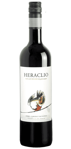Bodega Sierra Norte Heraclio Red - The Wine Buff - Red wine bottle with a white label, picture of a red breasted bird on the label. Text of HERACLIO made from organically grown grapes. BOBAL CABERNET SAUVIGNON. PRODUCT OF SPAIN.