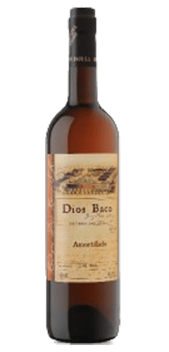 Bodegas Dios Baco Amontillado - The Wine Buff - Brown bottle with sherry, Cream label with text of Dios Baco, Amontillado. Made in Jerez, Spain