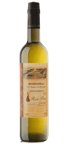 Bodegas Dios Baco Fino - The Wine Buff - Bottle size 50cl, with a green bottle cream label with text MANZANILLA, D.O. Sanlucar de Barameda, Ria Pita. With an image of the old winery and a Spanish dancer. Sherry from Spain.