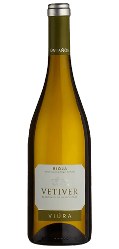 Bodegas Ontañón Rioja Vetiver - The Wine Buff - Burgundy shaped bottle with white wine, a green foil capsule with a silver top. White label with the text RIOJA, VETIVER, VIURA. Product of Spain