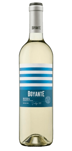 Boyante Verdejo - The Wine Buff - White wine in a clear glass wine bottle with a silver foil top and a blue and white label with blue and white stripes across the label. Text of BOYANTE, RUEDA, VERDEJO. Product of Sapin