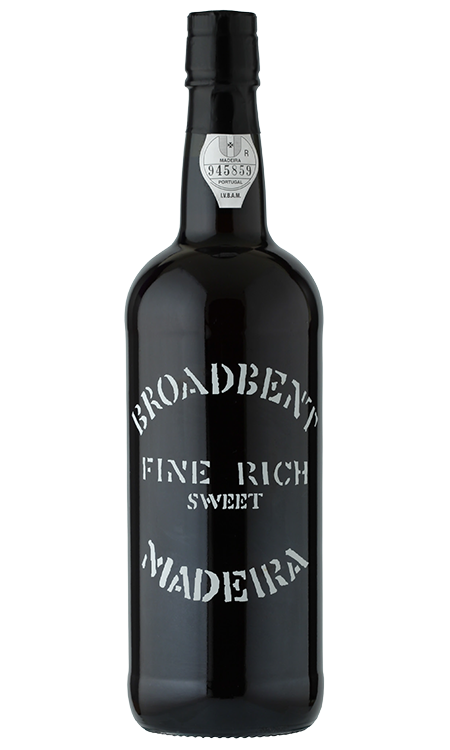 a bottle of madeira from broadbent fine rich medium sweet in a black bottle with white text