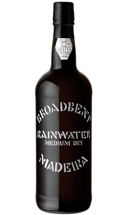 bottle of broadbent rainwater maderia in a black bottle with white writing