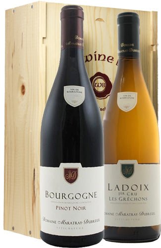 Burgundy Selection - The Wine Buff - a 2 bottle pine box with The Wine Buff logo in red on the box. A red and white bottle of wine the red is BOURGOGNE PINOT NOIR and the white id LADOIX 1ER CRU LES GRECHONS CHARDONNAY both from the vineyards of Domaine Maratray Dubreui.