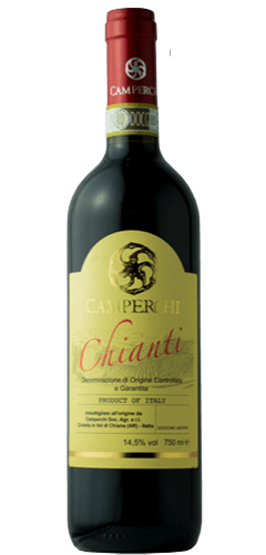Camperchi Chianti - The Wine Buff, bottle of chianti wine with a red foil top and a yellowish cream label with the text CAMPERCHI CHIANTI, Product of Italy