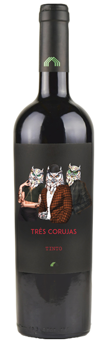 Wine bottle with a decorative label featuring owls on a white background