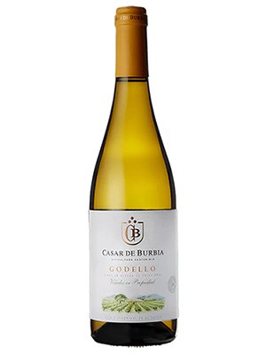 Wine bottle with 'Casar de Burbia' label on a white background, with Godello on the label from Spain