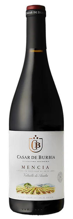 Wine bottle with 'Casar de Burbia' label on a white background containing red wine from spain