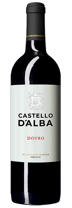 Wine bottle labeled 'Castello d'Alba Douro' on a white background red wine from the douro region in portugal