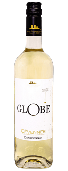White wine in a clear bottle, black screw cap. White label with the text GLOBE, CEVENNES, CHARDONNAY. Product of France. Wine from the Languedoc region.