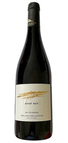A burgundy shaped wine bottle with red wine inside. A black capsule on the top of the bottle with gold logo for cevennes. The label is white with a gold outline of a landscape. Text of Pinot Noir, IGP CEVENNES, MERS CRUVIERS LASCOURS, product of france.